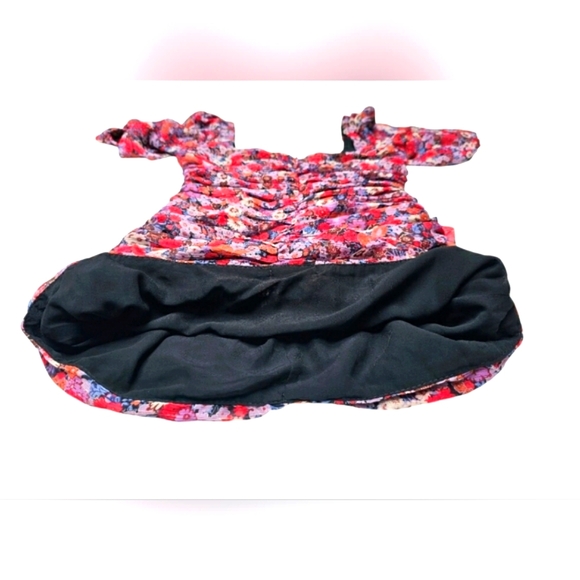 🆕️Zara Ruched Red Pink & Gold Ruched Puff Sleeve Mini Chiffon Draped Dress M - Picture 9 of 16